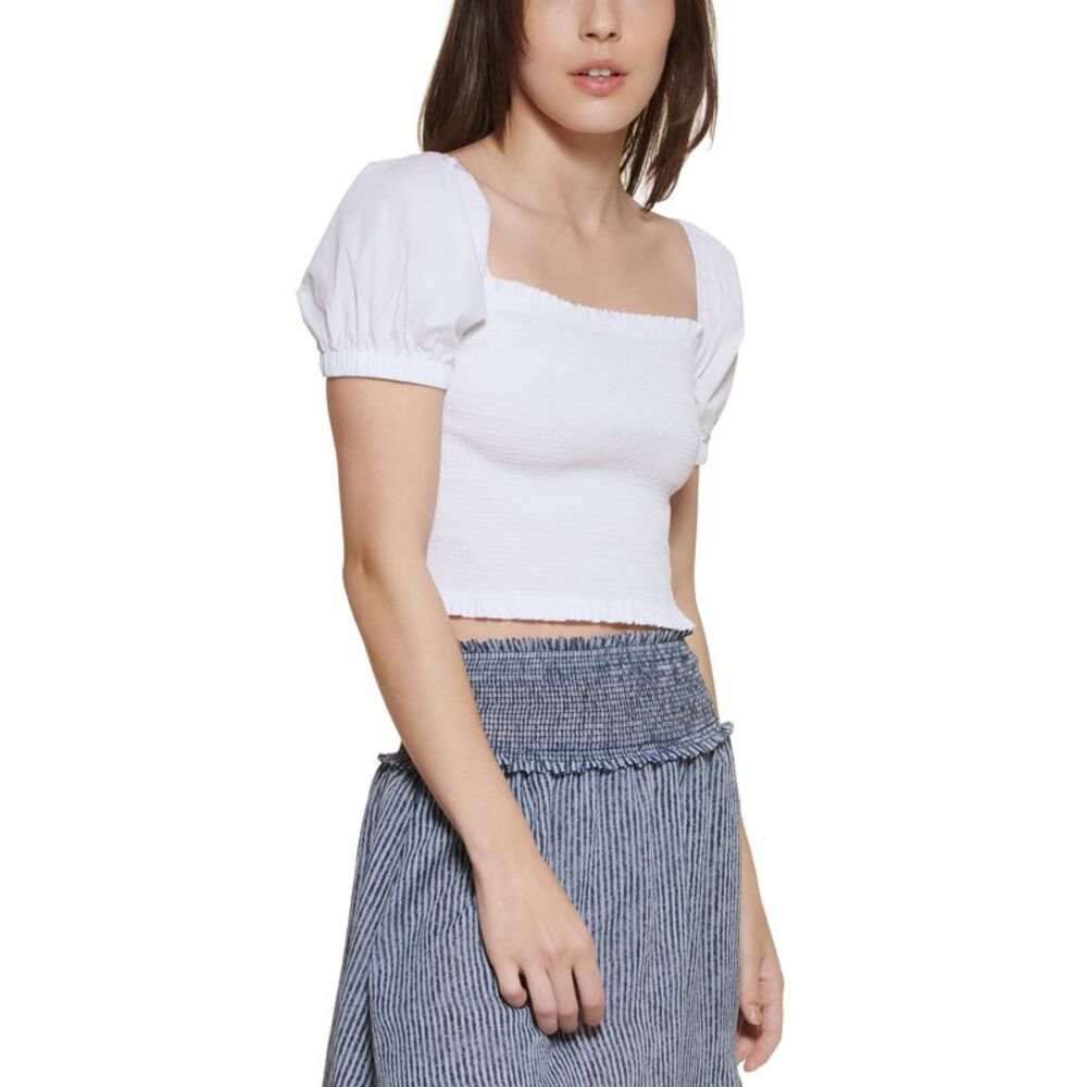 DKNY Jeans Womens Cotton Puff Sleeve Crop Top